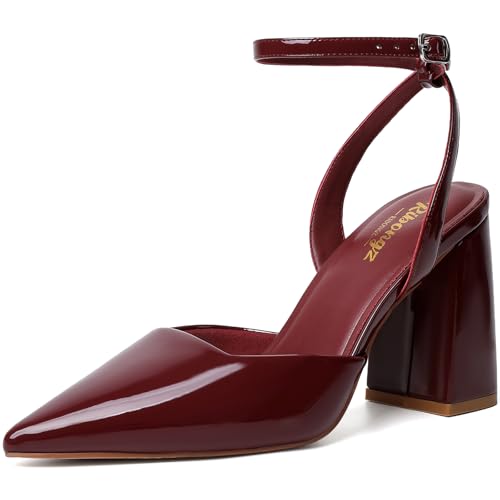 RIBONGZ Block Burgundy Heels for Women Closed Pointed Toe Heeled Slingback Chunky High Maroon Heel...