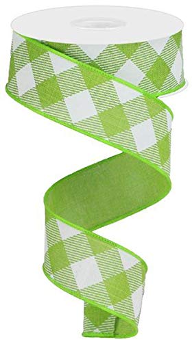 Diagonal Plaid Check Wired Edge Ribbon - 10 Yards (Lime Green, White, 1.5")