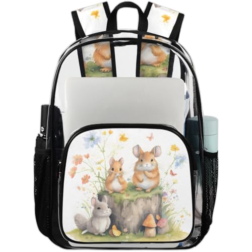 Squirrel Butterfly Flowering Plant Clear Backpack Stadium Approved PVC Backpacks for Adults Heavy Duty Clear Bag for Work Security Travel College