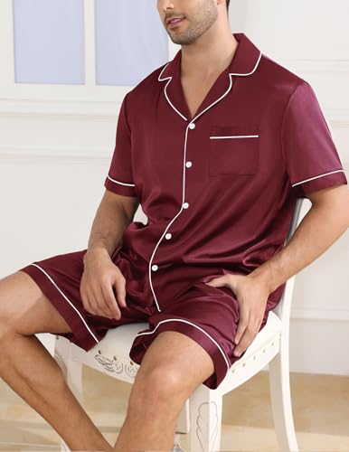 Image of Veseacky Mens Silk Satin Pajamas Set Short Sleeve Sleepwear Button-Down Pjs Sets Two-Pieces Loungewear with Pockets S-XXL