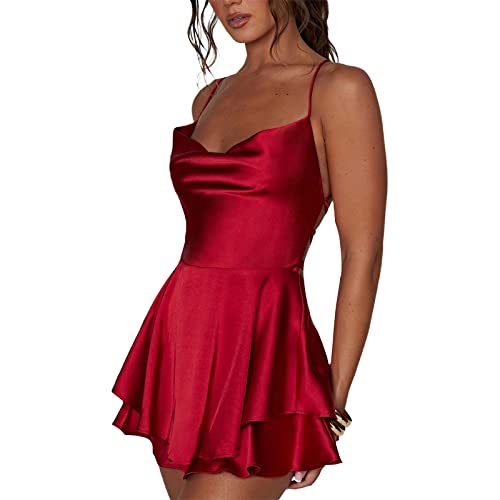 Women Sexy Backless Short Romper Satin Dress Cowl Neck Tie Ruffle Layer Spaghetti Strap Jumpsuit Mini Dress2