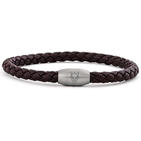 Akitsune Silva Leather Bracelet Magnetic Closure | 5mm | Link Bangle Trinket Women Stainless Steel Simple Bracelet - Silver - Brown 21,50cm Cover