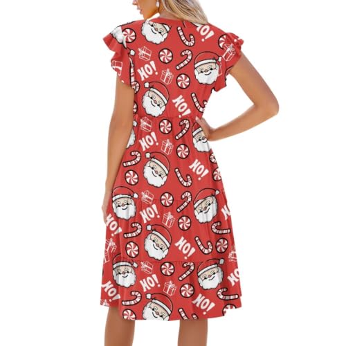 Image of Women's Casual Ruffle Sleeve Dress V Neck Pullover Dress Flowy A-Line Pleated Lightweight Dress with Pockets