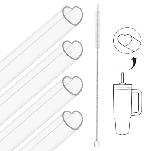 Image of HASTHIP 4Pcs Heart-Shaped Replacement Straws for 40oz Tumblers, BPA-Free Clear Plastic Drinking Straws Compatible with Stanley & Large Insulated Cups, 30cm