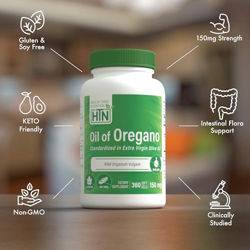 Image of Health Thru Nutrition Oil of Oregano Supplement | Wild Harvested European Origanum Vulgare | Immune, Digestive, & Antioxidant Support | 360 Mini Softgels | Non-GMO, Gluten Free