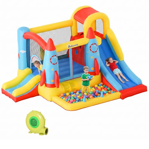 Outsunny Castillo Hinchable con 2 Toboganes Cama de Salto y Piscina para Niños +3 Años con Inflador y Bolsa de Transporte para Interior Exterior 330x265x185 cm Multicolor