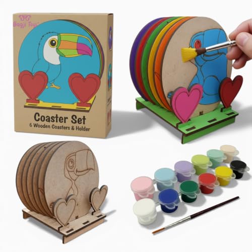 Image of BAGJI TOYS DIY Coaster Painting Kit for Kids & Adults - 6 Pre-Marked Wooden Tea Coasters with Stand, 12 Non-Toxic Water Base Colours & 1 Brush - Mandala Art & Craft DIY Set - Beginner Friendly Painting Craft Kit, Birthday & Gift Activity (MNDB2)