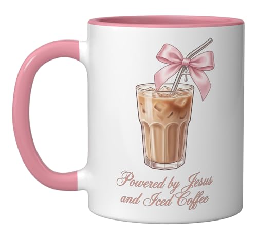 Taza de cerámica retro Powered By Jesus y Iced Coffee rosa/blanca miniatura 1