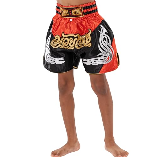 MUAY NATION Muay Thai Shorts für Kinder (2 Jahre - 12 Jahre) Mädchen Jungen Boxhosen für Kickboxen MMA Kampfsport (DE/NL/SE/PL, Alter, 9 Jahre, 12 Jahre, Regular, PRM Rot/Schwarz)