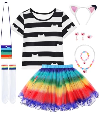 Disfraz para Niñas, Disfraz Princesa Niña con Vestido con Conjunto de Camiseta Temática de Gato Collar y Bolso,Vestido Tutú Arcoíris para Niñas Cumpleaños Carnaval Cosplay (130)