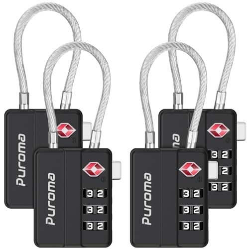 Puroma TSA Locks for Luggage, 4 Pack Cable Lightweight Luggage Locks TSA Approved 4-Digit Combination Padlock for Suitcases, Bags, Toolboxes, Backpacks & Gym Lockers (Black)