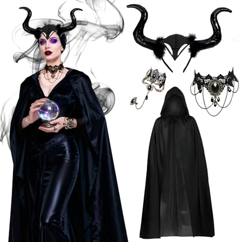 Miioto Cuernos Malefica Mujer, Halloween Cuernos de Demonio, Diablo Capa, Carnaval Traje Accessorie, Encaje Gótico Collares y Pulseras para Carnaval Halloween Mascarada