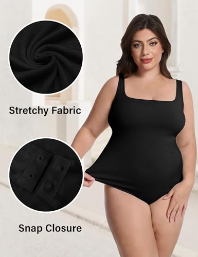 Image of FOREYOND Plus Size Bodysuits for Women Short Sleeves Square Neck Body Suit Tops Casual Basic Slim Fit Shirts Leotards