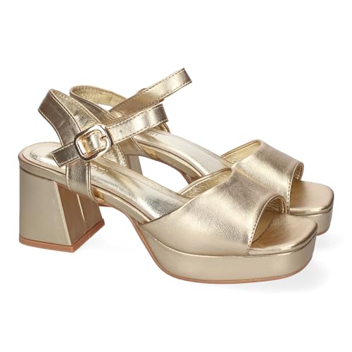 shoes&blues.es 88526 Sandalias de Tacon para Mujer, Comodas y Elegantes, Diseno Moderno con Correa Ajustable y Puntera Abierta. Oro Talla 36