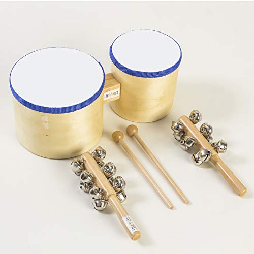 5665 FANTASWEET 10”5” Wood Bongo Drum Set with 2 Hand Sleigh Bells, for Kids Adults Beginners, Natural