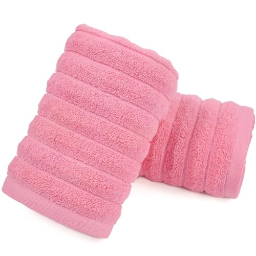 Jacquotha 2-Pack Hand Towels for Bathroom (Pink) Ribbed Cotton Face Towel for Women Girls 13 x 29 Soft and Quick Drying 480 GSM