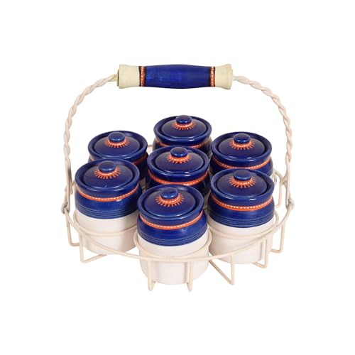 Image of AAKRITI ART CREATIONS Artisan Pickle Jar Set with Stand | Handcrafted Ceramic Kitchen Storage Containers with Tray | Pickle Jar Mukhwas Box & Condiment Serving Set | Decorative Kitchen Jars Set