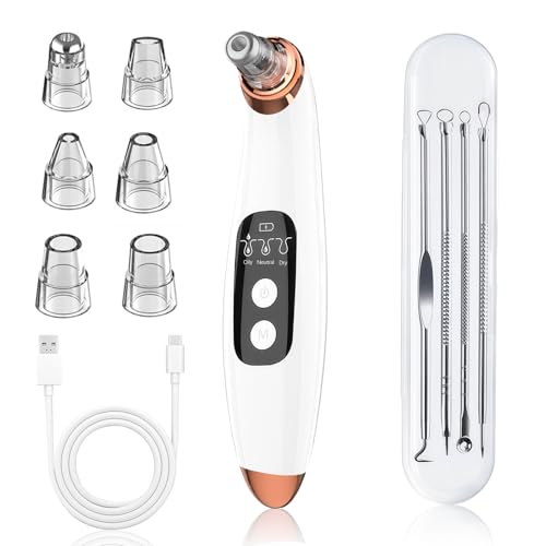JICICUXI Mitesserentferner Porenreiniger Porensauger Gesicht Elektrisch mit 3 Saugstufen 6 Köpfen, LCD Display, Vakuumsauger zur Gesichtsreinigung, Schonend, USB Wiederaufladbar-Eisweiß