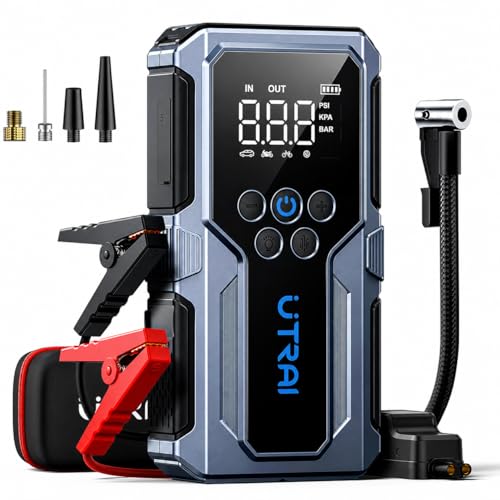 UTRAI 10-In-1 Avviatore Batteria Auto con Compressore 150PSI/18W Ricarica Rapida, 7000A Booster Avviamento Auto/Moto per 12V Veicoli a Motore (9.0L Benzina/7.0L Diesel), Avviatore Emergenza con Torcia