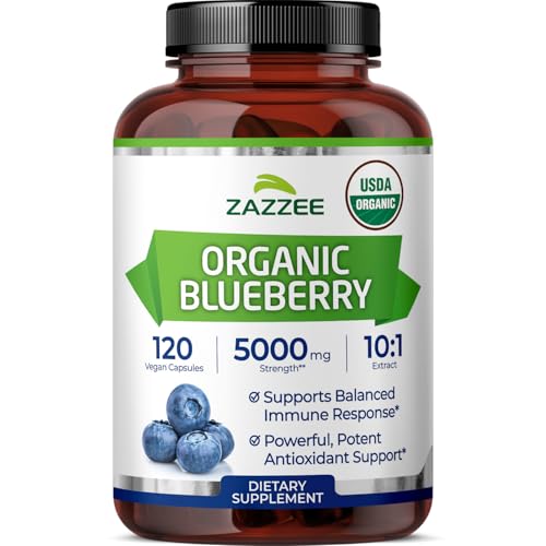 Zazzee USDA Organic Blueberry 10:1 Extract 120 Vegan Capsules 4 Month Supply Whole Fruit Vaccinium Angustifolium Antioxidant & Cellular Health Support Herbal Supplement Non-GMO Made in the USA