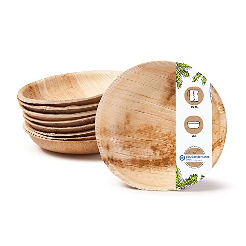 BIOZOYG Palmware - Set Cuencos Snacks I 25 piezas orgánicas desechables de 80ml, Ø10cm I Party vajilla compostable y biodegradable I hojas Palma vajilla desechable para Fingerfood Dips buffet