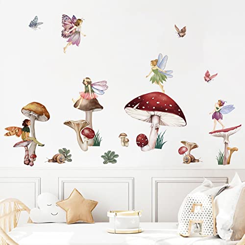 Image of wondever Fairy Mushroom Wall Stickers Flying Girl with Wings Peel and Stick Wall Art Decals for Kids Nursery Baby Room Bedroom
