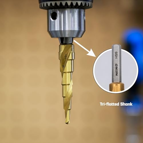 Image of NEIKO 10612A Step Drill Bit, 10 Steps 1 /4 inch to 1-3 /8 inch Spiral High Speed Steel, Titanium Nitride Coated, 3 /8 inch Tri Flat Step Bits for Steel, Metal, Wood, Plastic, Unibit Cone Drill Bits, Two Flute