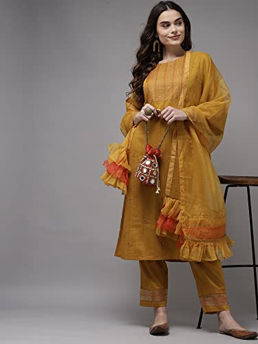 Image of INDO ERA Women's Poly Chiffon Embroidered Straight Kurta With Pant & Dupatta Set (RRRRR8075)