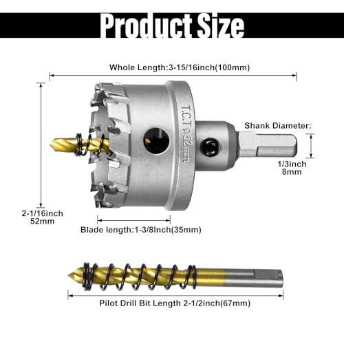 Image of SALI 2-1 /16 inch (52mm) TCT Hole Saw Kit Tungsten Carbide Tipped Hole Saw Drill Bit with Titanium-Plated Pilot Drill bit for Metal, Stainless Steel, Iron, Wood, Plastic