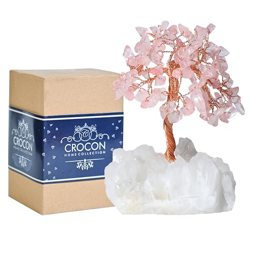 Image of Crocon Rose Quartz Crystal Tree with White Aura Base Tree of Life Decor | Bedroom, Birthday Gifts for Women, Mom Sister Gift, Healing Crystals Cute Home Office Decor Spiritual Housewarming Present