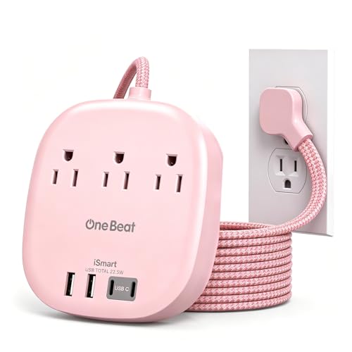 Image of Cruise Ship Travel Essentials, 22.5W /4.5A Flat Plug Power Strip, 6Ft Extension Cord, 3 Outlets 4 USB Ports (2 USB C) Cruise Approved Power Strip No Surge Protection, Desktop Charging Station, Pink