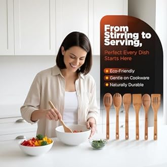 Riveira Dark Bamboo Wooden Spoons for Cooking 6-Piece, Apartment Essentials Wood Spatula Spoon Nonstick Kitchen Utensil Set Premium Quality Housewarming Gifts for Everyday Use