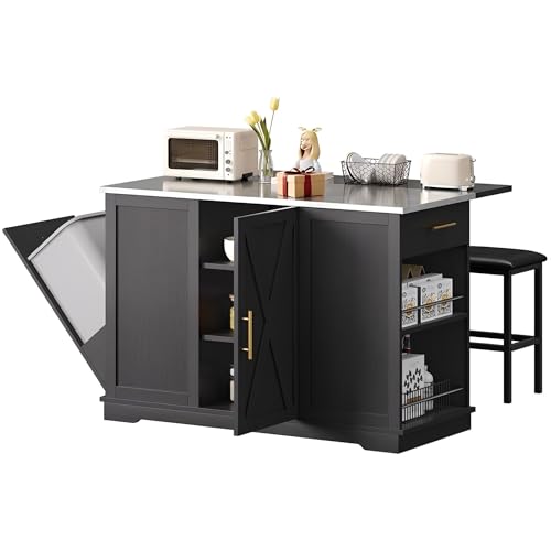DWVO Kitchen Island with Seating and Stainless Steel Countertop, 47'' Rolling Garbage and Recycling Island with Folding Drop Leaf, Tilt-Out Trash Cabinet for 13-Gallon Bin, 2-Tire Spice Rack, Black