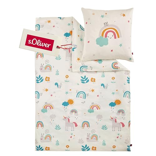s.Oliver Kinderbettwäsche Einhorn 135x200 cm - 100% Baumwolle, praktischer Reißverschluss & maschinenwaschbar, Bettwäsche für Kinder Regenbogen...
