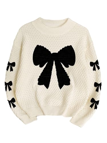 Image of BEAUDRM Girl's Bow Sweater Crew Neck Cute Sweaters Long Sleeve Knit Pullovers Sweater
