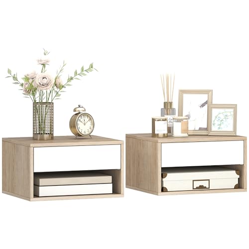 HOMCOM Lot de 2 Tables de Chevet murales, Tables de Nuit suspendues avec tiroir Coulissant, Compartiment Ouvert, Plateau, Style Moderne, 37 x 32 x 21 cm, Bois...