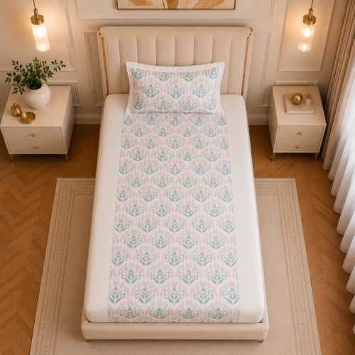 Image of Linen Home Cotton Percale Fitted Bedsheet Set Single Size Sequence Pink