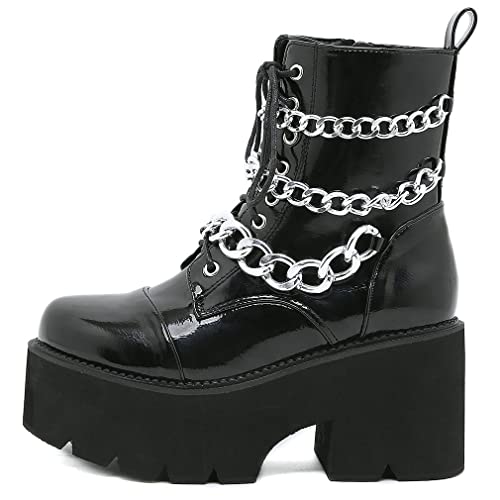 Image of Parisuit Womens Goth Patent Ankle Boots Platform Chunky Combat Boots | Lace Up, Gothic Boots, High Heel, Punk Short Booties, Buckle Boots, Chain Boots