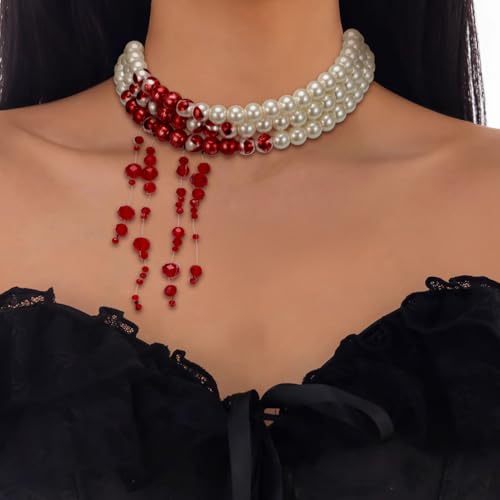 Crysdue Halloween Dripping Blood Vampire Choker Necklace Gothic Simulated Pearl Necklace for Party Prom Costume Jewelry2