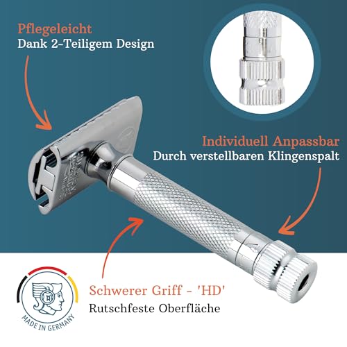 Image of MERKUR 34 Adjustable 2-Piece Double-Edge Safety Razor for Men in Bright Chrome with Standard Handle and Closed Comb - Adjustable Blade Gap, Made in Germany