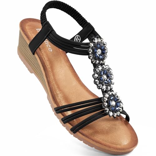 Image of HARENCE Wedge Sandals for Women Dressy: Comfortable Elastic Ankle Strap Low Heel Open Toe Flower Summer Shoes