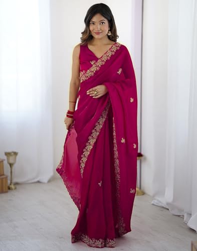 Image of SIRIL Women's Tissue Silk Sequence Embroidery Saree with Unstitched Blouse Piece