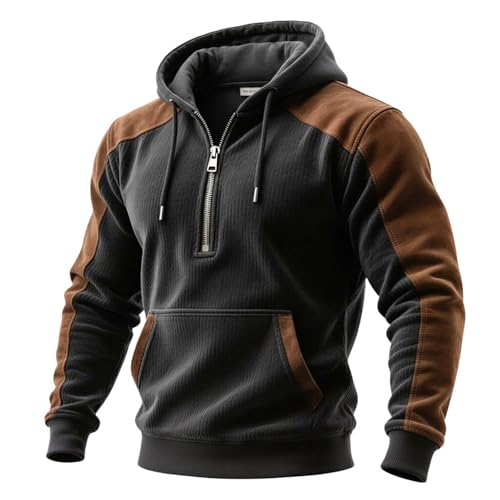 KBOPLEMQ Pullover Men's Colour Block Hoodie Vintage Work Jumper with Hood Half Zip Hoodie Work Hoodie Thick Fabric Sweatshirt Zip Two-Tone Outdoor Winter Jumper, O Dark Grey, L