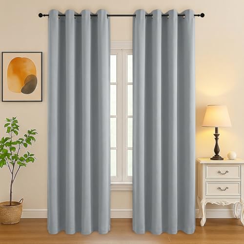 Image of Simplebrand Silver Grey Curtains for Bedroom Living Room 90 Inches Long 2 Panels Set, Room Darkening Thermal Insulated Curtains & Drapes, Solid Grommet Noise Reducing Window Treatment, W50 x L90 Inch