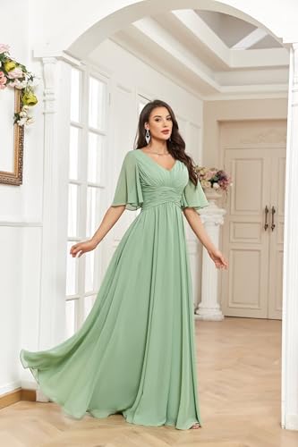 Chiffon Pleated Long Bridesmaid Dresses for Women Floral Flutter Sleeve Matron of Honor Dress3
