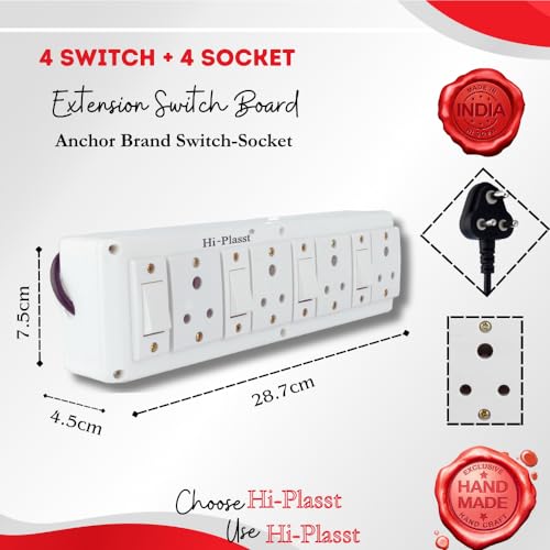 Image of Hi-Plasst 4+4 Pin Extension Board with 4 Switches & 4 Sockets, 6A, 4-Yard Long Cord - Wall-Mountable Power Hub for Home, Office, Diwali Lights, Christmas Decor & Kitchen Appliances