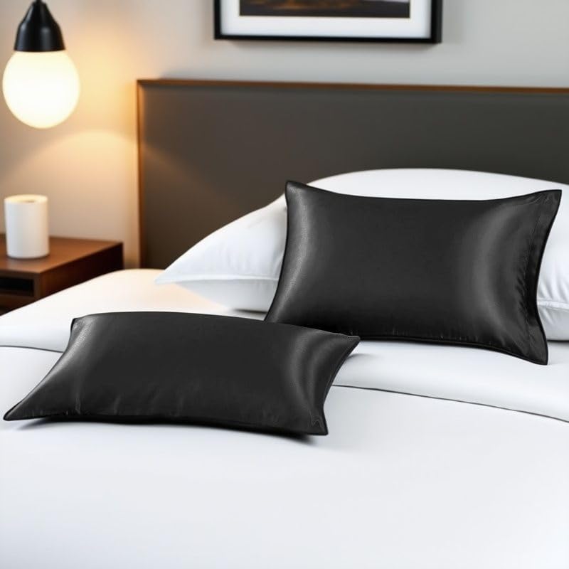 Image of 2 Pack Zippered Satin Pillowcaes, Luxury and Silky Soft Travel Zip Pillow Cases (Queen, Black)