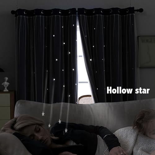 Image of indistar Star Cutout Kids Window Blackout Curtains for Girl Bedroom Window Room Darkening Curtains & Drapes Baby Nursery Curtains (2 Panel,52Wx95L inch,Navy Blue)