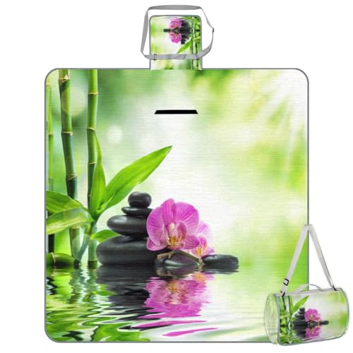 Shimoshe Picnic Blankets 57”x 59”, Flower Orchid Japanese Zen Stone Waterproof Sandproof Picnic Mat Lightweight Foldable Beach Blanket for Camping Park Grass Beach Outdoor Blanket
