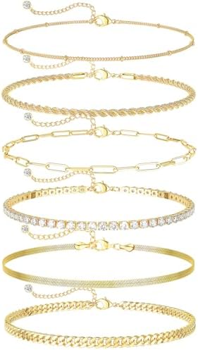 DEARMAY Gold Ankle Bracelets for Women Waterproof - Dainty 6Pcs 14K Gold Plated Anklets Layered Cuban Link Chain Herringbone Cute Anklets Set Pack Summer Beach Jewelry Gift for Women Teen